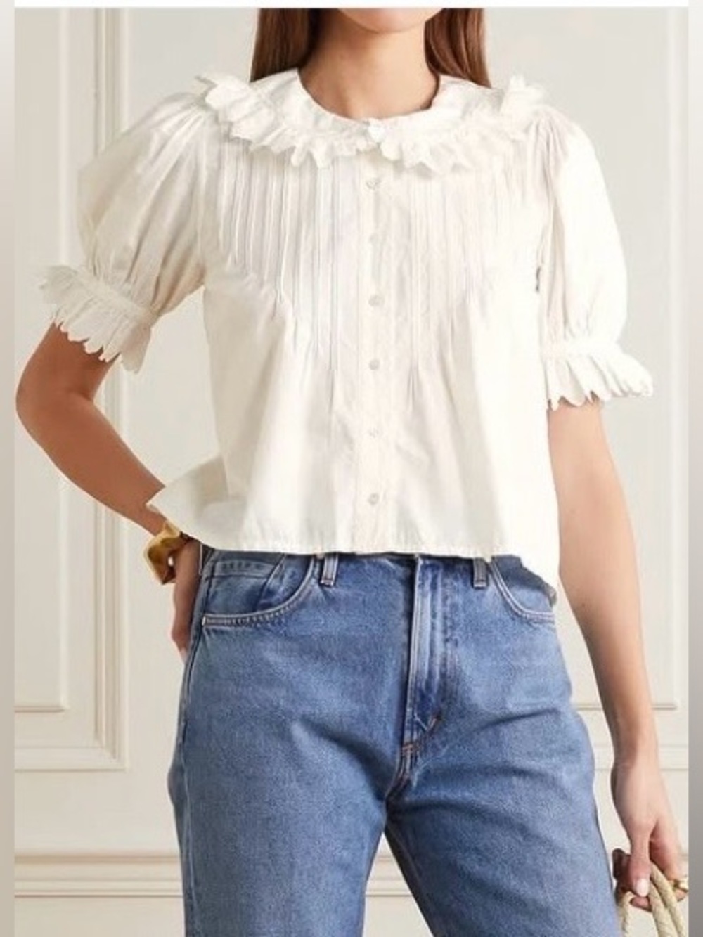 DÔEN Rune Scalloped Embroidered Cotton-Poplin Blouse in Powder - Large